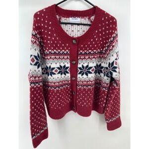 Old Navy Wild Cable Car Fair Isle Cardigan Sweater Red Snowflake Womens Large